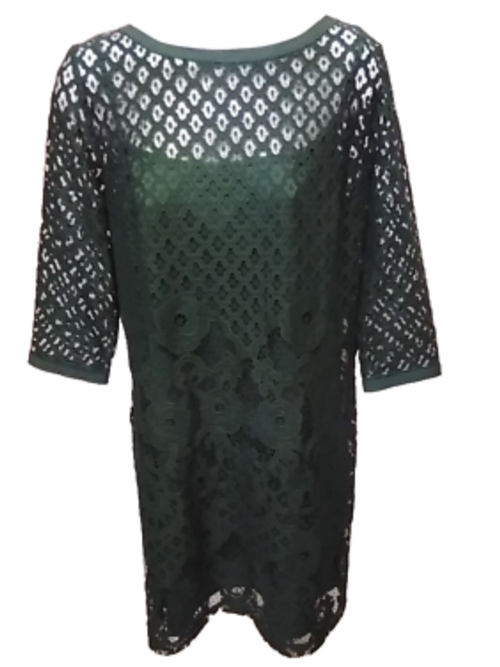 LOFT Dark Green Lace Shift Dress with Three-Quarter Sleeves size 10